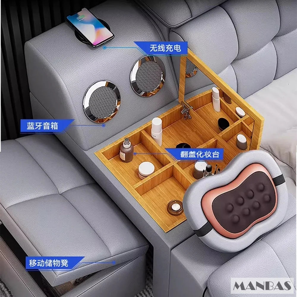 MANBAS Luxury King Size Genuine Leather Bed / Tech Smart Bed / Multifunctional Ultimate Beds / Massage Bed with USB,Projecter