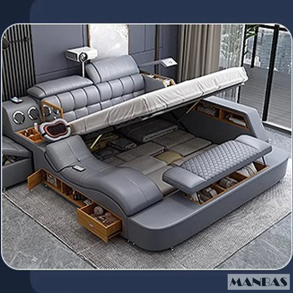 MINGDIBAO Luxury King Size Genuine Leather Bed / Tech Smart Bed / Multifunctional Ultimate Beds / Massage Bed with USB,Projecter
