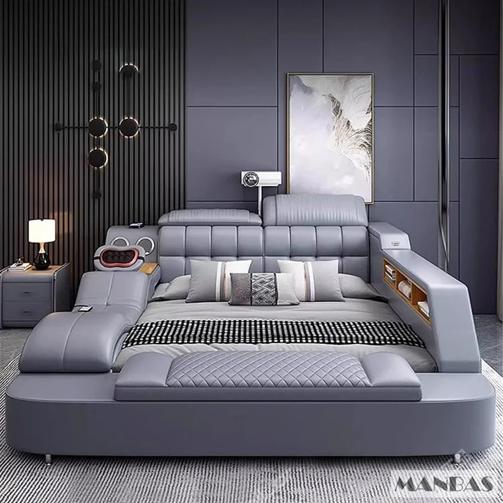 MINGDIBAO Luxury King Size Genuine Leather Bed / Tech Smart Bed / Multifunctional Ultimate Beds / Massage Bed with USB,Projecter