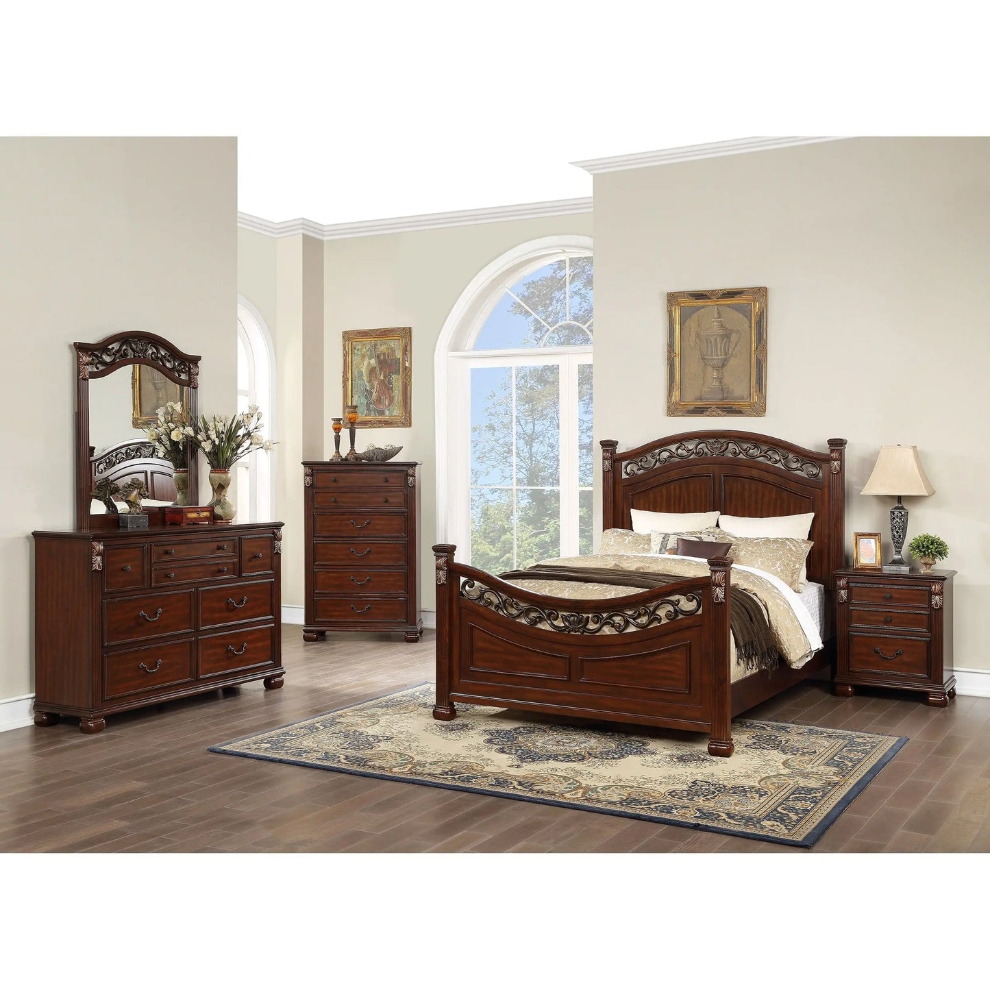 DB Bedroom Furniture Traditional Style Unique Wooden Nightstand Drawers Bed Side Table in Cherry Color