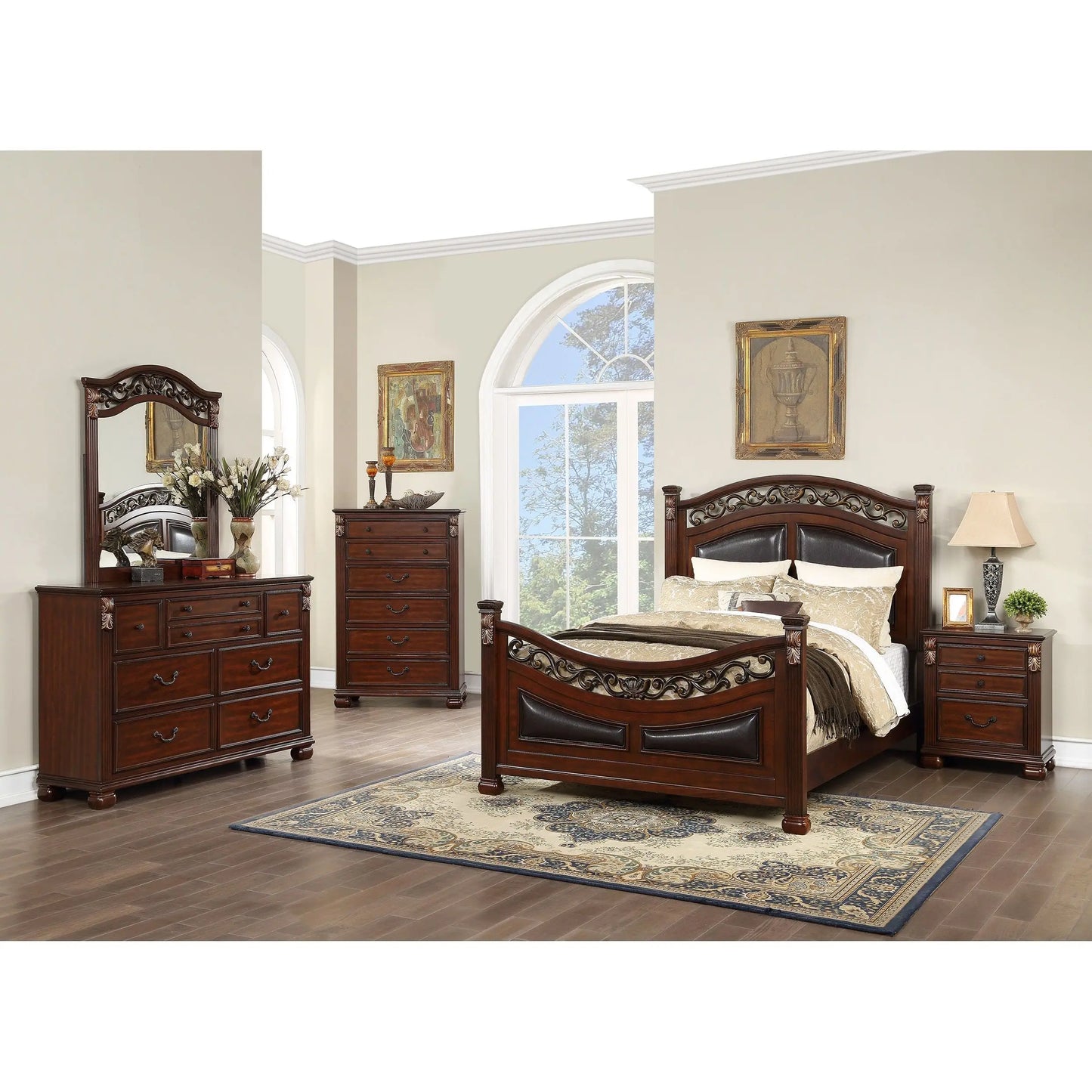 DB Bedroom Furniture Traditional Style Unique Wooden Nightstand Drawers Bed Side Table in Cherry Color