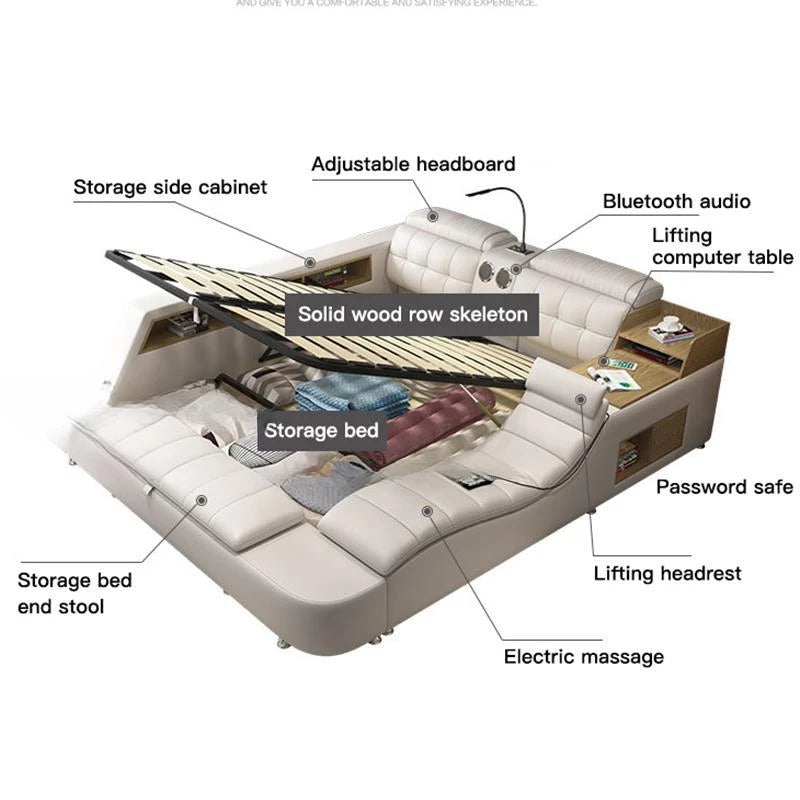Genuine Leather Bed Frame Soft Beds Massager Storage Safe Speaker Bedroom Furniture Cama Iphone Recharging Bluetooth Double Bed
