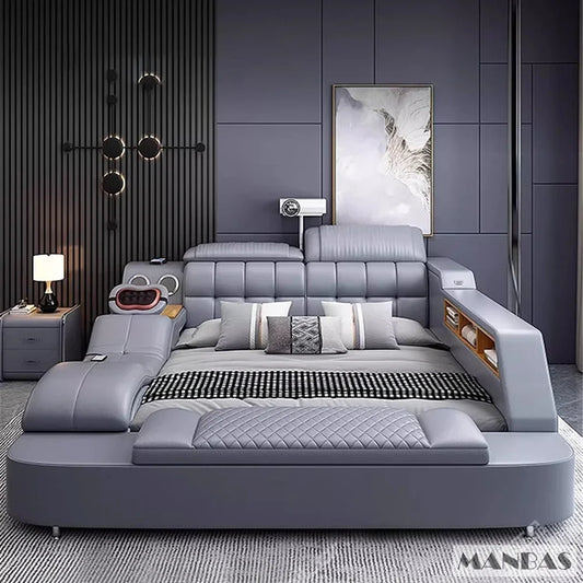 MINGDIBAO Luxury King Size Genuine Leather Bed / Tech Smart Bed / Multifunctional Ultimate Beds / Massage Bed with USB,Projecter
