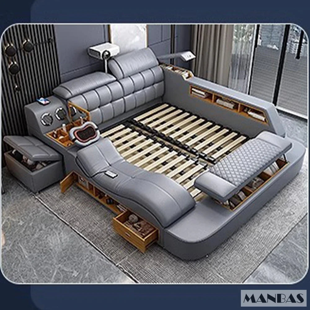 MANBAS Luxury King Size Genuine Leather Bed / Tech Smart Bed / Multifunctional Ultimate Beds / Massage Bed with USB,Projecter